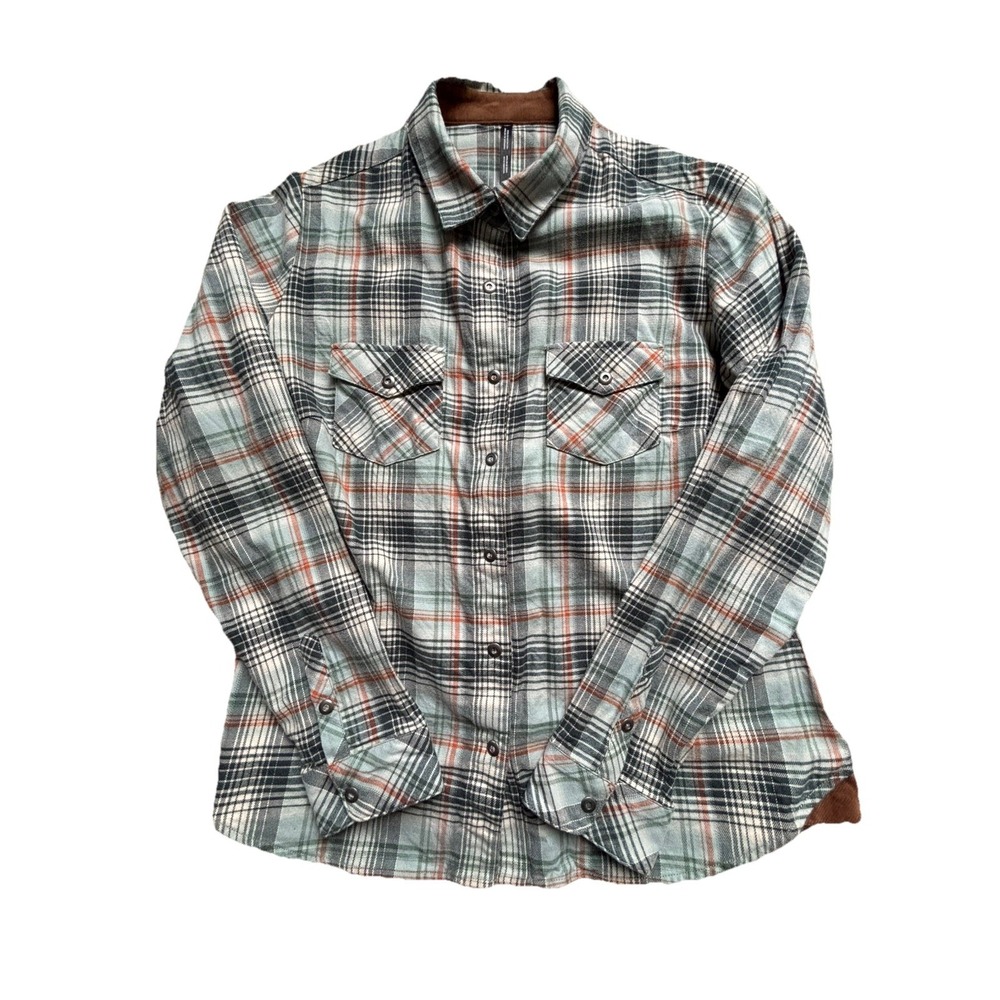 KUHL Tess Corduroy Trim Medium Flannel Shirt Womens Small Snap Front Green Plaid